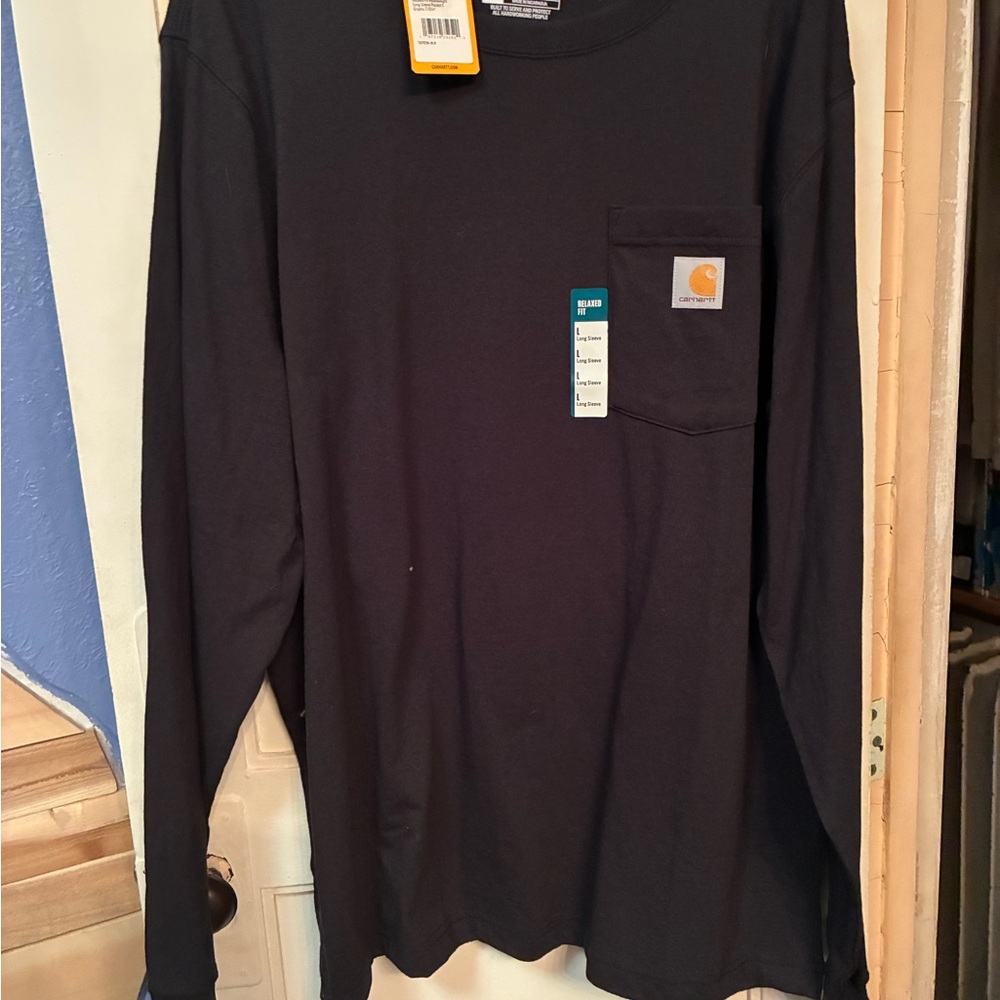 Carhartt Black Long-Sleeve Relaxed Fit Tee with Orange Tag
